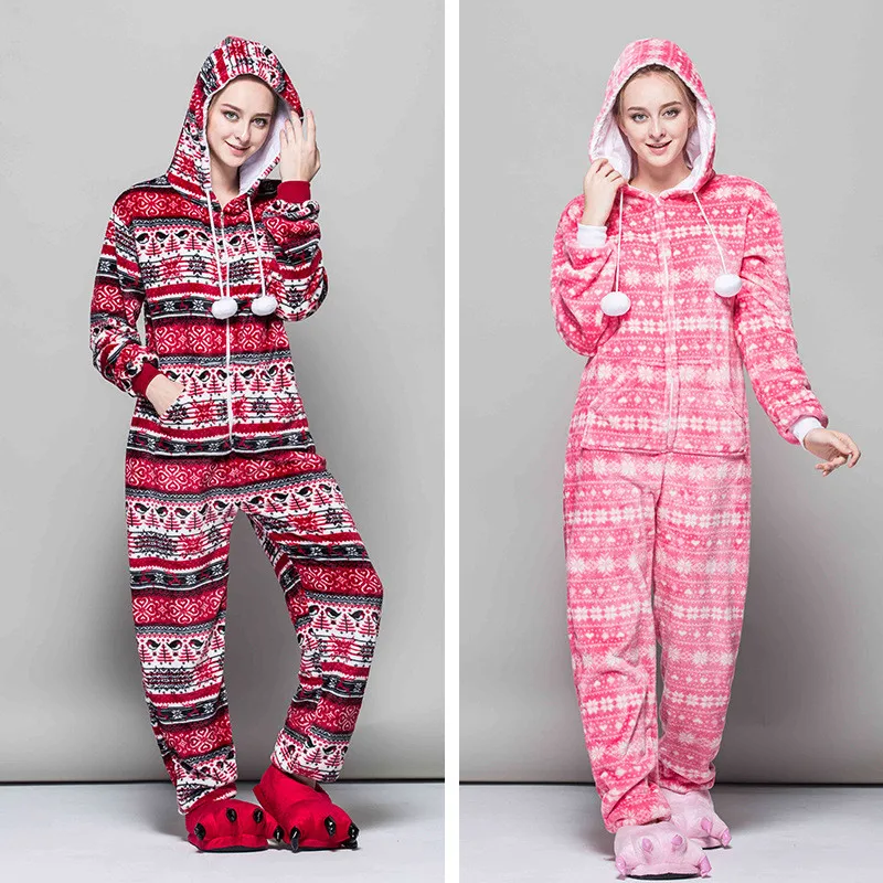 

Autumn Winter Warm Flannel Sleepwear Overall Onepiece Jumpsuit Soft Snowflake One-piece Pajamas Onesie Adult Women Pijama