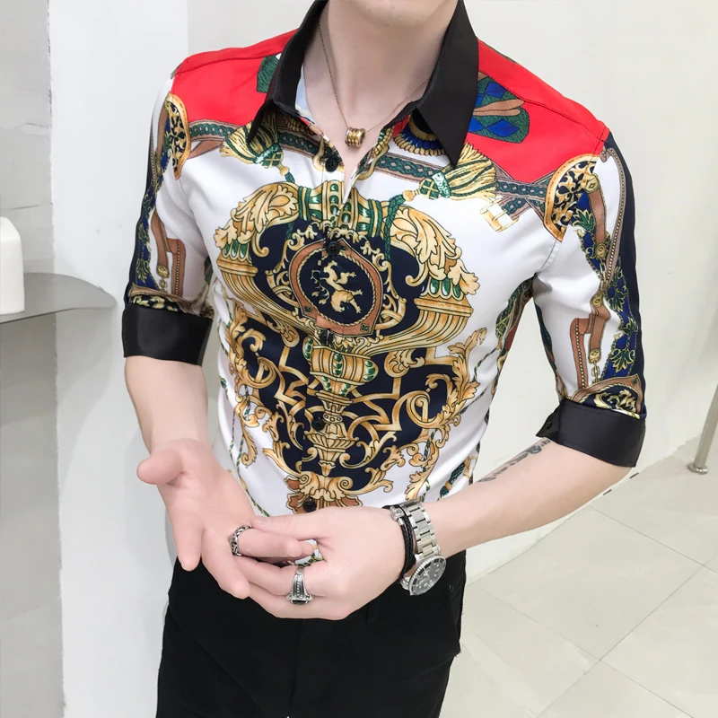 Модная летняя приталенная рубашка мужская с коротким рукавом и принтом рабочая