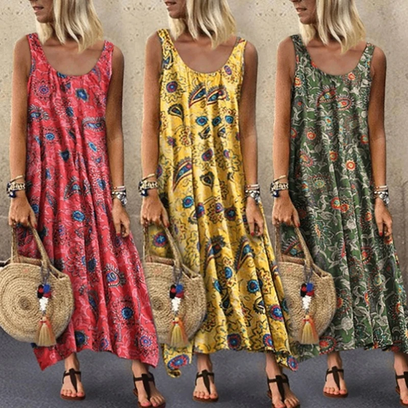 

Bohemia Dresses Summer 2021 Women Fashion O Neck Printed Vest Dress Casual Loose Sleeveless Maxi Dress Feminino Vestido