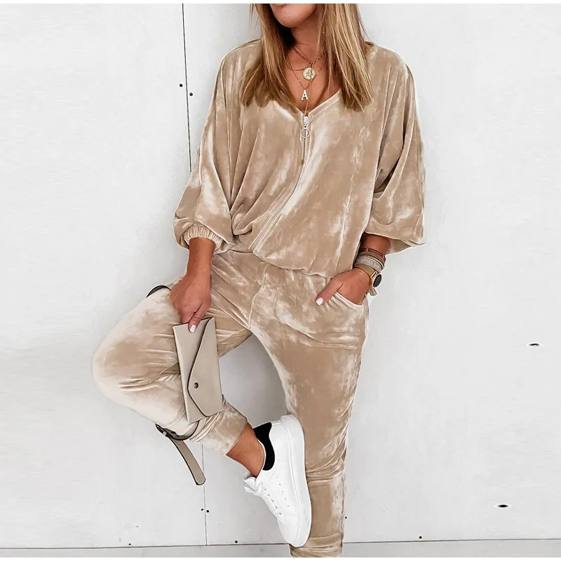 

Spring 2022 Tracksuits Two Piece Set Women V Neck Zipper Sweatshirts Hoodies And Autumn Winter Long Pants Warm Sweatsuits New
