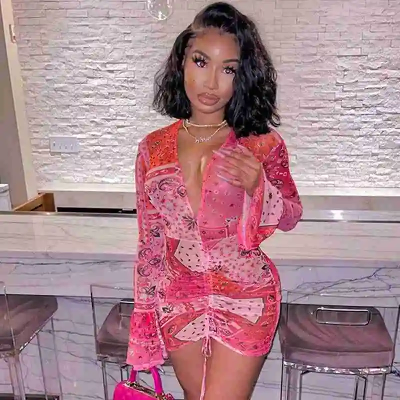 

Deep V Neck Paisley Print Party Dresses Drawstring Mesh Flare Long Sleeve Transparent Club Outfit For Women Mini Dress