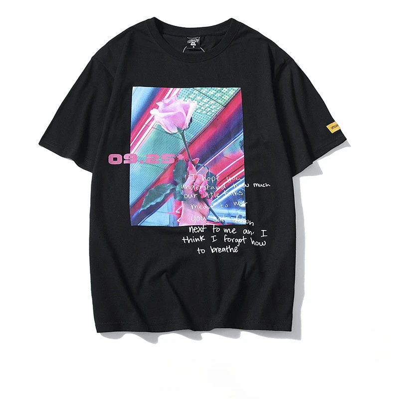 

Summer Rose Men Tshirt Rose Print Streetwear Hip Hop Tees Tops Male Retro T-shirts Slim Fit Short Sleeve Cotton Casual Clothes