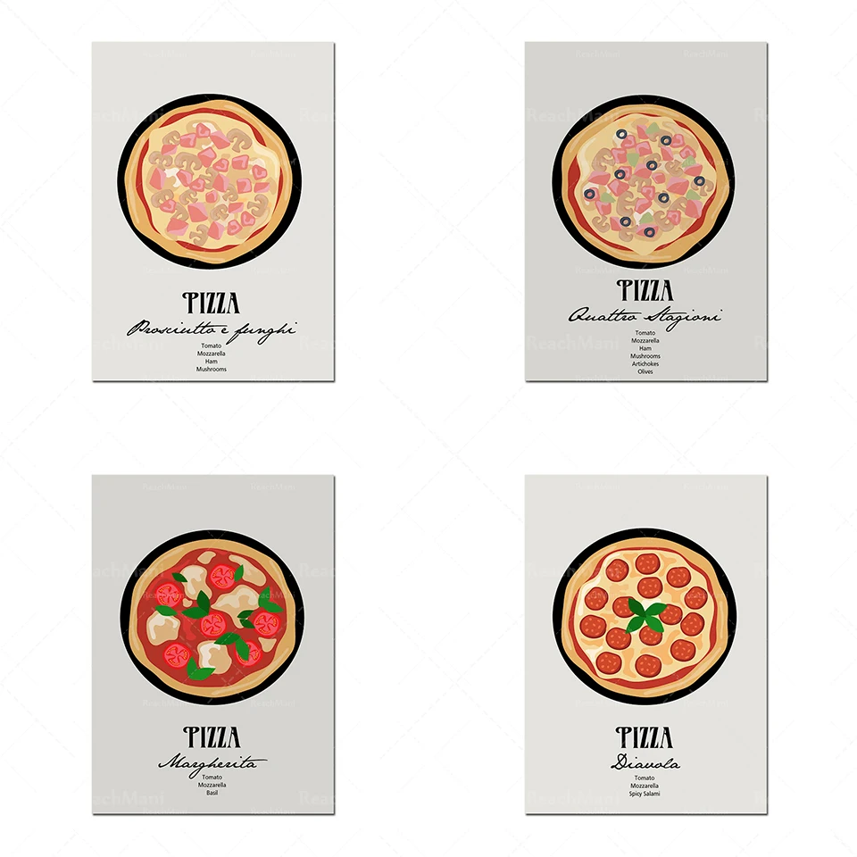 

Pizza Art Printing Illustration Poster Ingredients Traditional Italian Pizza Printing Italian Kitchen Restaurant Decoration Gour