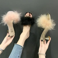 2021 new slip toe half slippers all match high heeled shoes womens stiletto pointed toe net infrared wear hairy slippers