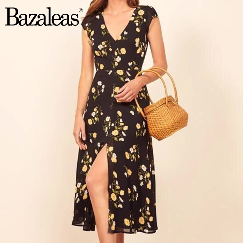 Bazaleas, шикарное женское платье с разрезом сбоку, французское платье, платья с рукавом-крылышком, винтажное, желтое, с цветочным принтом, черное, женское платье миди