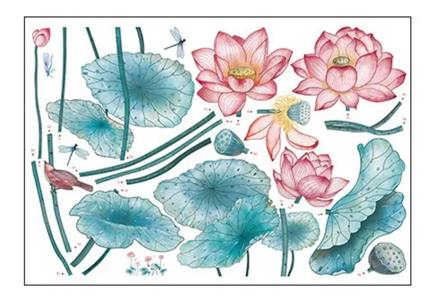 Стикер настенный в китайском стиле 60 х90 см с цветами лотоса | Дом и сад