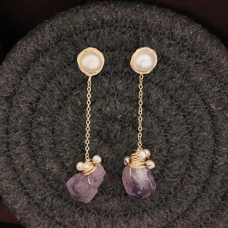 

Натуральный камень, фиолетовый длинные висячие серьги женские серьги-подвески ручной работы длинная цепочка натуральный пресноводный жем...