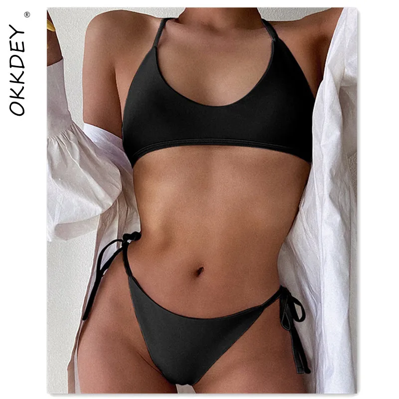 

Сексуальный купальник-бикини с лямкой на шее, женский купальник с пуш-ап 2021, купальник с микро стрингами, комплект бикини, однотонный купаль...