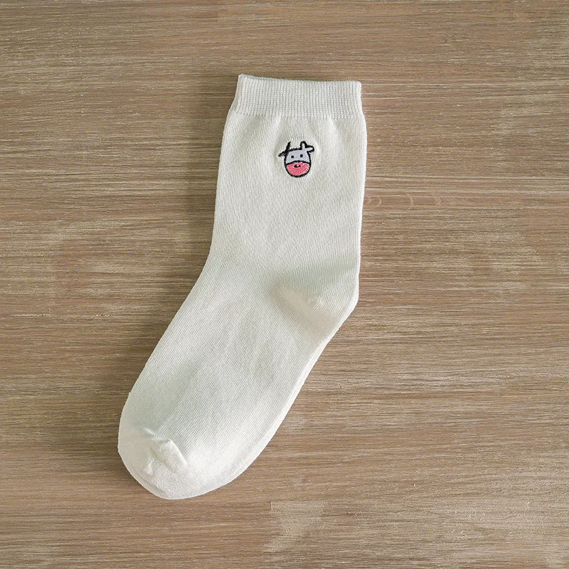 

5pairs Women Socks Cartoon Animal Cute Cow Embroidery Stripe Socks Harajuku Japanese Style Black and White Cotton Street Socks