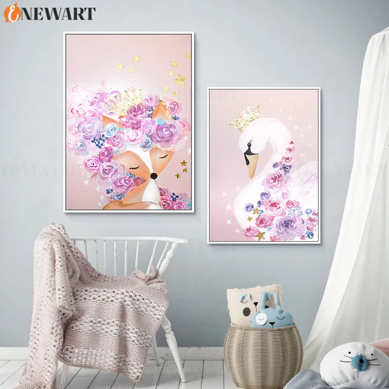 Pink Wall Painting for Nursery Nodic Decor Cartoon Fox Swan Prints Poster Kids Room Decoration Decorative Art Picture | Дом и сад