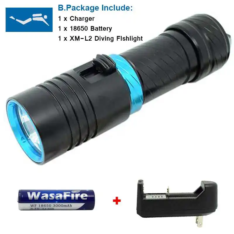 

XM-L2 Diving Flashlight Waterproof Dive LED Torch Underwater 100m Scuba Flashlights 3800 Lumen Lanterna 18650 Light Lamp+Charger