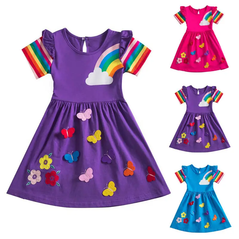 

Rainbow Butterfly Embroidered Children's Skirt Color Sleeve Round Neck Ruffle Decoration Applique Summer Cotton Casual Dress