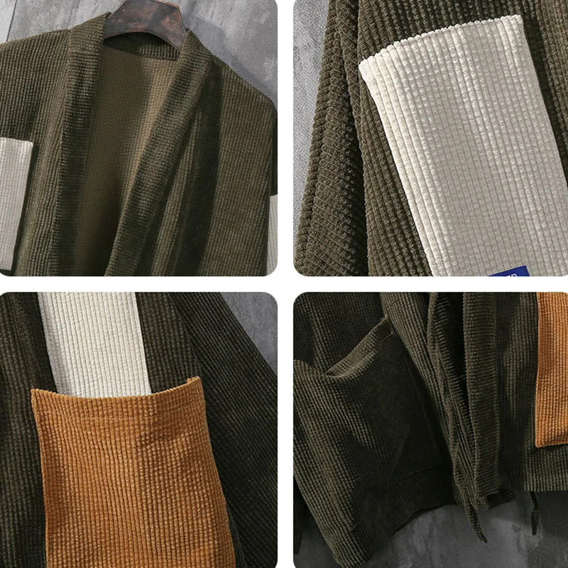 Japan Style Men Corduroy Kimono Jacket Color-blocking Patched Design Drop Shoulder Haori Oversize Loose Thin Coat | Мужская одежда