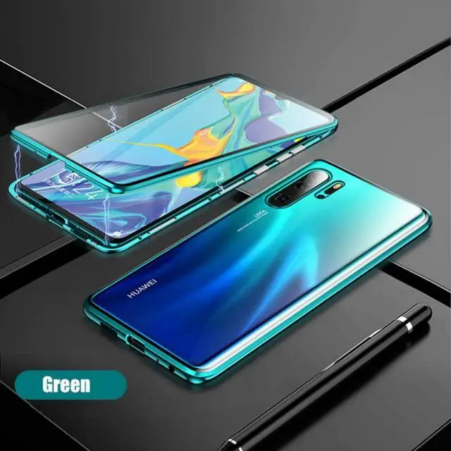360 полная защита двухсторонний стеклянный чехол для телефона huawei P30 Pro P30 P30 Lite магнитный металлический изогнутый защитный чехол для экрана - Цвет: Зеленый