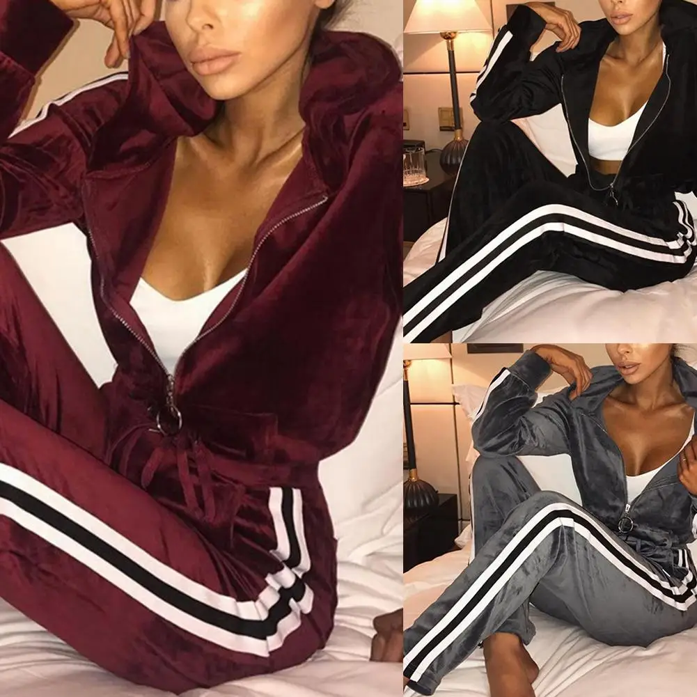 

2Pcs Women Autumn Sport Clothes Pleuche Stripe Long Sleeve Zipper Hoodie Jacket Pants Yoga Suit Sportswear Gym Clothing Fashion