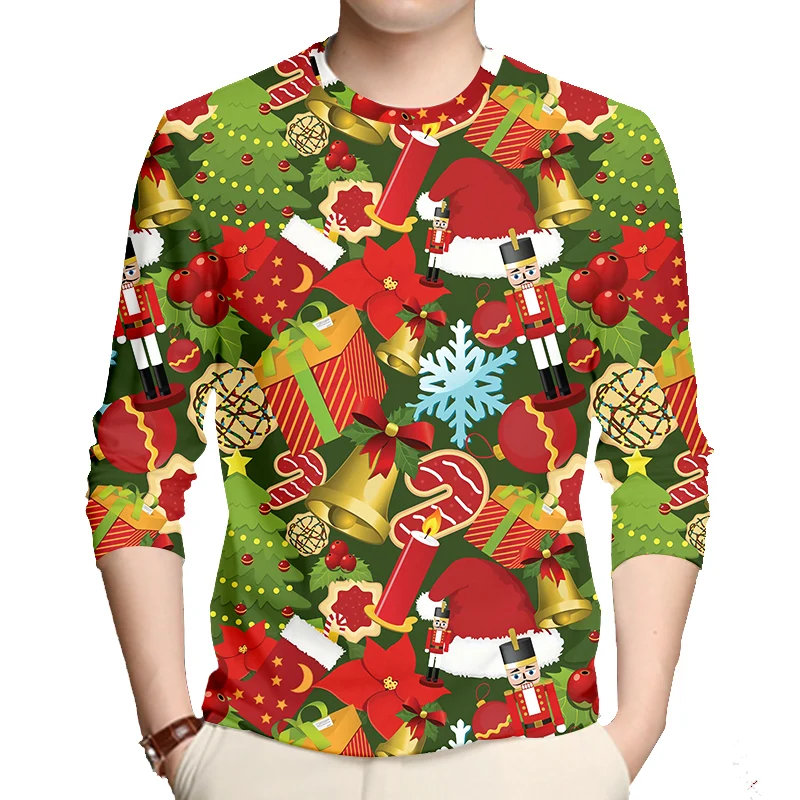 

Xmas Santa Tree Tee Shirt 3D Merry Christmas Cartoon Print Tshirt Happy New Year Gift Lover Party T-shirt Long Sleeve Wholesale