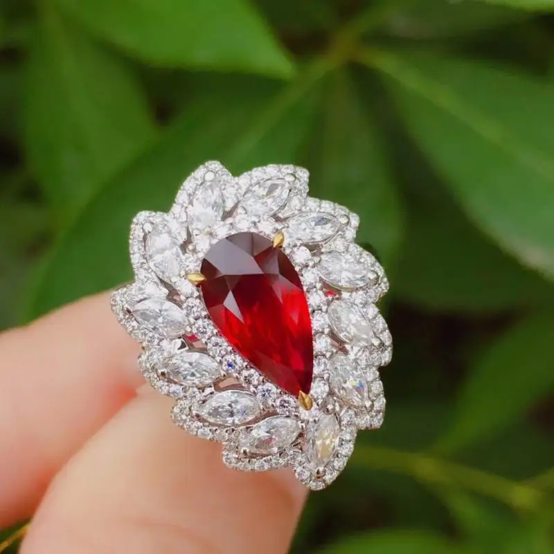 

Trendy Gorgeous Water Drop Ruby Red Stone Ring For Women Female Fine Jewelry 925 Sterling Silver Zircon Luxury Party Rings
