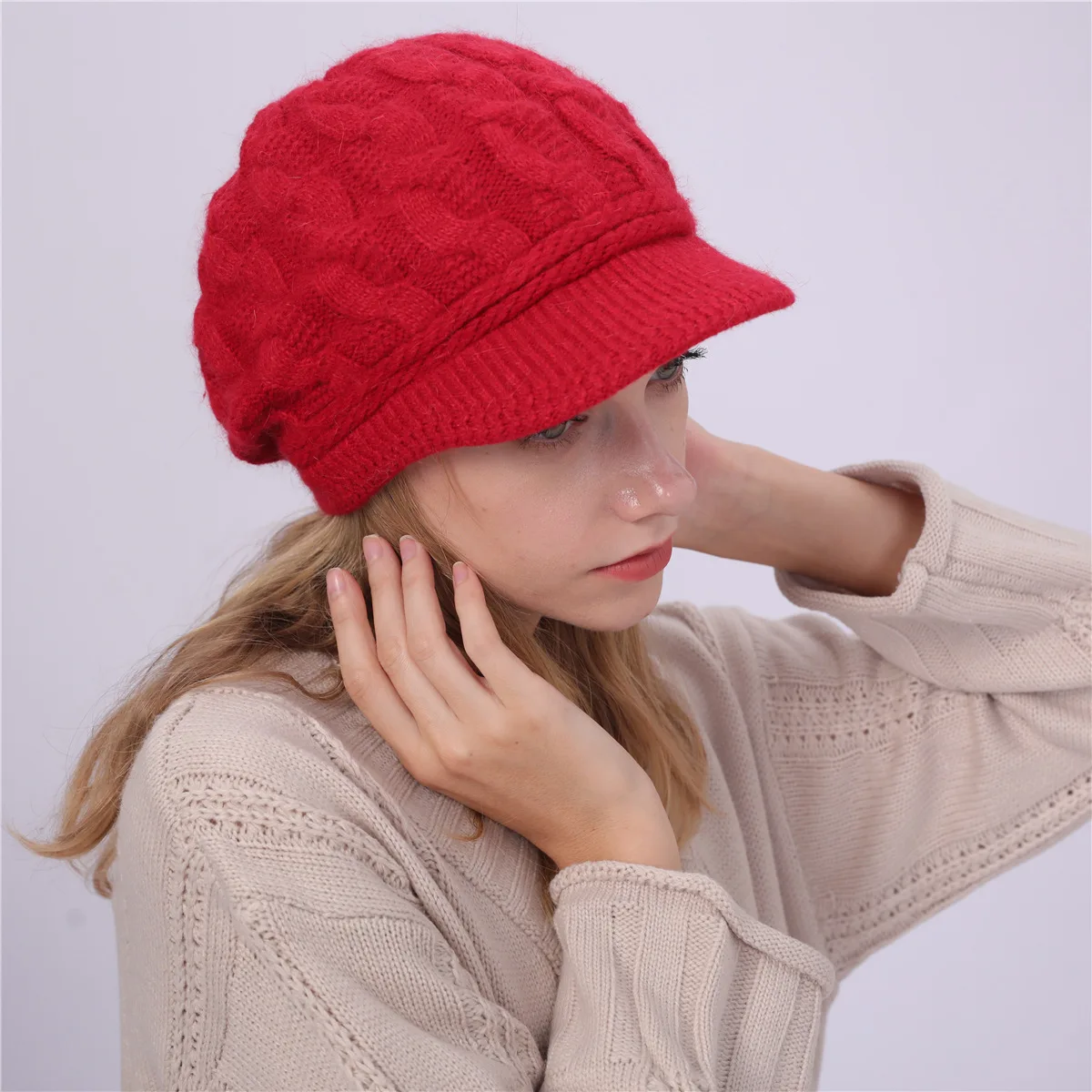 Women Winter Twist Knitted Hat Soft Velvet Thick Warm Beret Flat Brim Visor Ski Cap Elegant Ladies Solid Color Caps | Аксессуары для