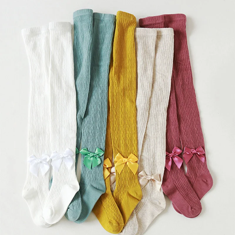Детские вязаные колготки с бантом Длинные носки для девочек весна-осень детские