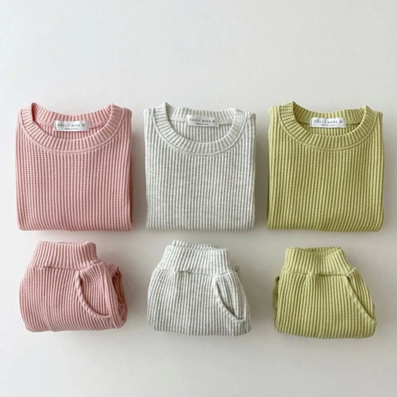 

Осень 2021, новый комплект детской одежды, костюм для маленьких мальчиков, наряд для девочек с вафельным рисунком, повседневный костюм в стиле...