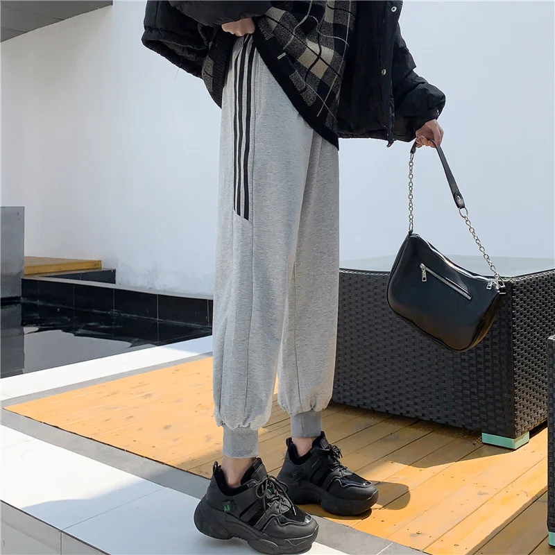 

gang feng Casual Athletic Pants Children Autumn and Winter Loose High Waist Slimming All-Matching Straight Ankle Tied Harem