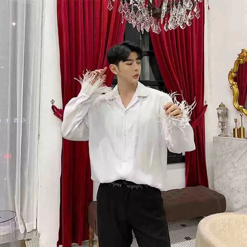 

Мужская рубашка с лацканами и страусиными волосами, элегантная Свободная рубашка с отложным воротником, черно-белая рубашка