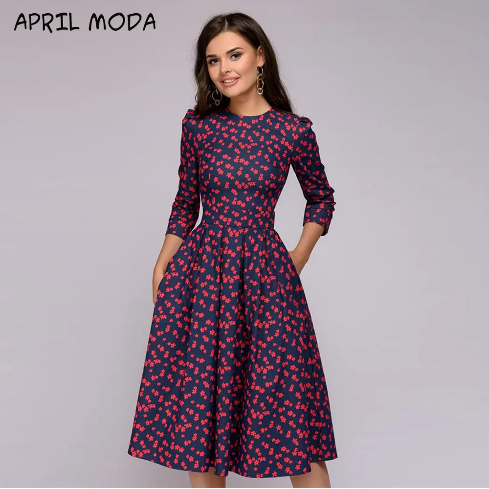 

Vintage New Women Elegant A-Line Midi Dress Vintage Printing Party Vestidos Three Quarter Sleeve 2021 Women Spring Casual Dress
