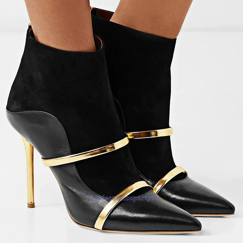

Gold Narrow Band Pointy Toe Black Patent Leather Bootie High Heels Ankle Boots Women Gold Heeled Gladiator Boot Womans Shoes