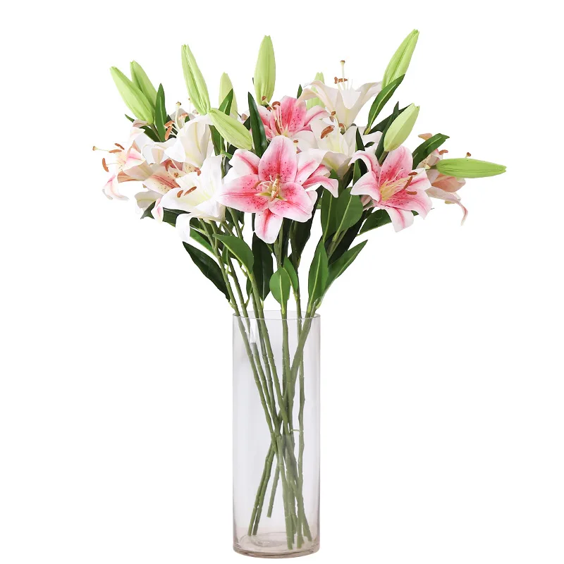 

1pc 2 Heads with 1 Bud Artificial Long Lily Flowers White Pink Champagne Fake Flowers Bouquet for Wedding Home Garden Decor