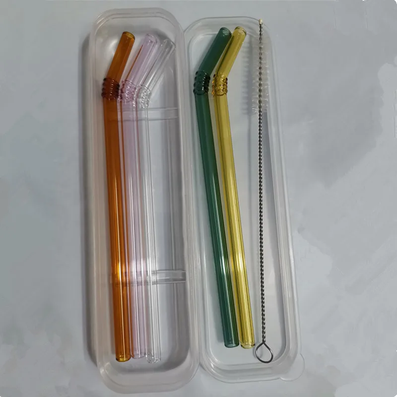 Стекло соломинкой многоразовые 5 шт./компл. Colorled Стекло соломы Чай молоко сок соломенная шляпа с мешок коробка изогнутые Стекло набор соломинок