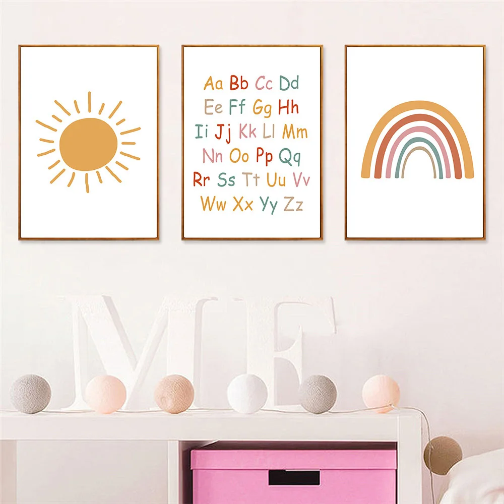 

Cartoon sun rainbow painting kindergarten wall art printing children poster alphabet education art canvas Nordic poster children
