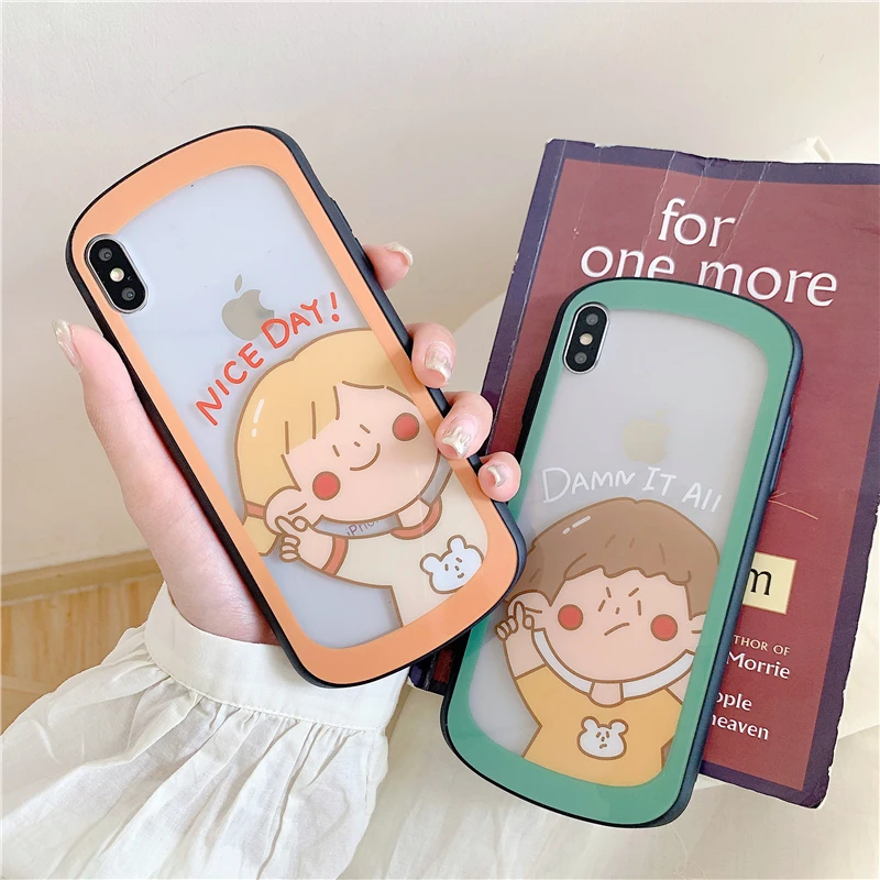 Cute couple boy girl curved tempered glass shatter-resistant mobile phone case for iPhone 10 6 6s 7 8 Plus Xr X Xs Max |