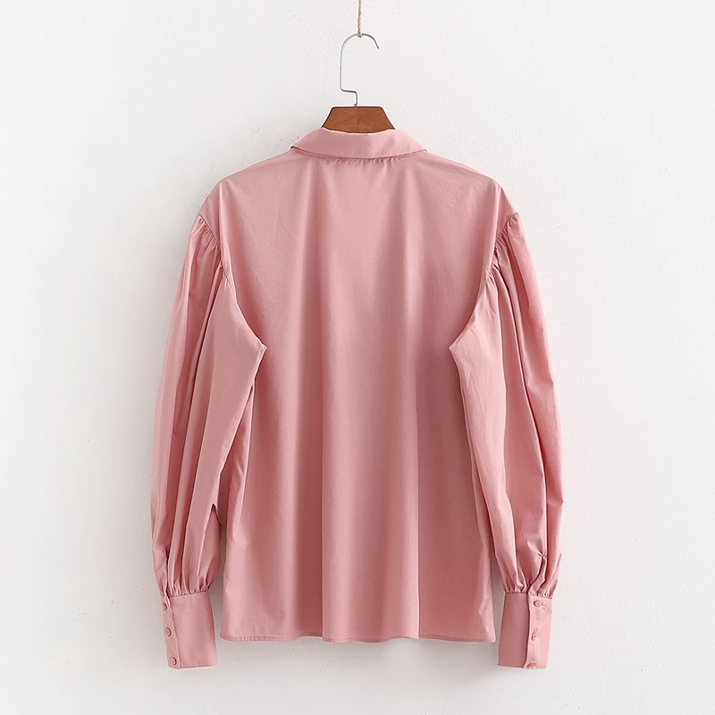 Za 2019 модные блузки для женщин розовый хлопок отложной воротник усаженный поплин