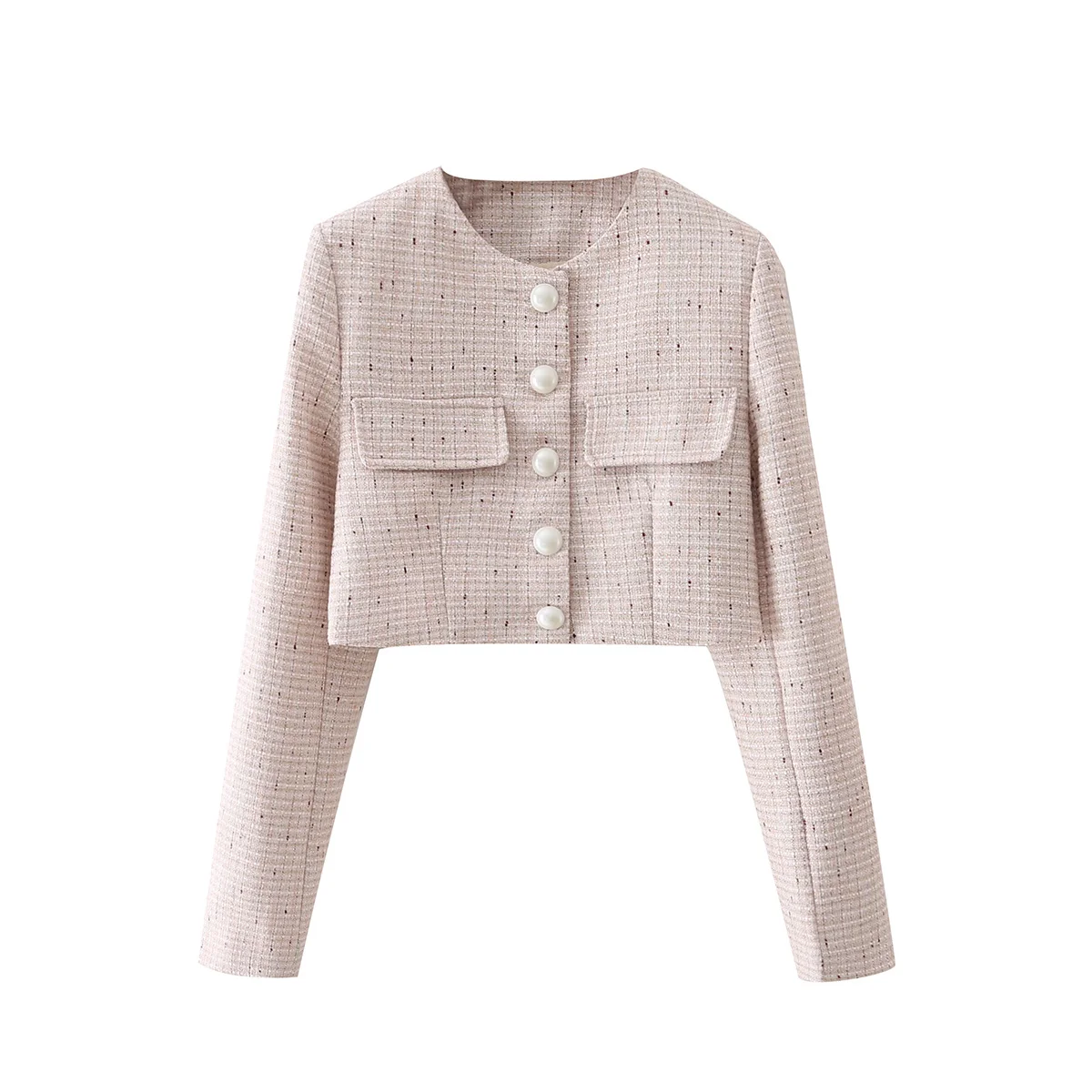 KEYANKETIAN 2021 spring and autumn new women's long-sleeved round neck pocket with pearl buckle woolen woven short suit jacket