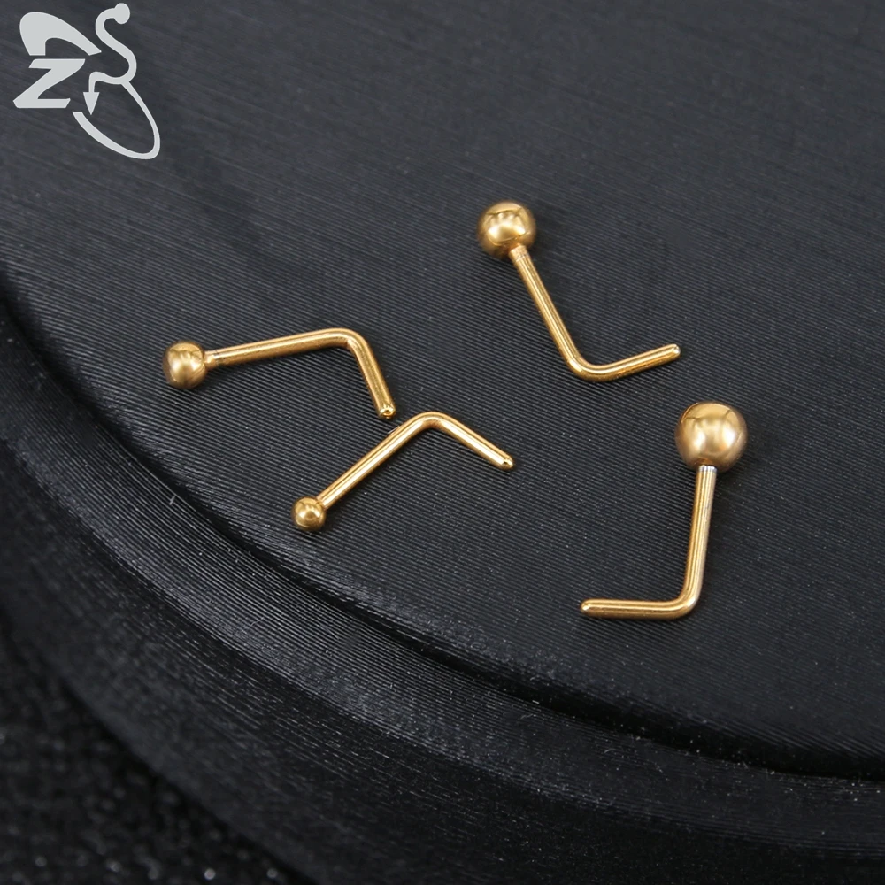 ZS 4pcs/lot Nose Studs Ball Round Rings L-Shape Gold Nostril Piercings Stainless Steel Piercing Body Jewelry For Women | Украшения и