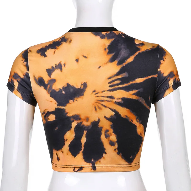 

ALLNeon Grunge Punk Tie Dye Short Sleeve T-shirts Summer Y2K Aesthetics Printing O-neck Slim Crop Tops Harajuku Baby Tees 2021