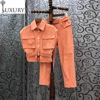 2020 outfits 2 piece autumn fashion jacket set women big pocket patchwork sleeveless orange coatsskinny pants capris sets