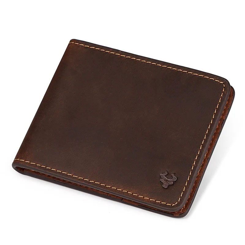 High Quality Crazy Horse Leather Ultra-thin RFID Men's Wallet Bi-fold Short Card Slot Men's Small Wallet