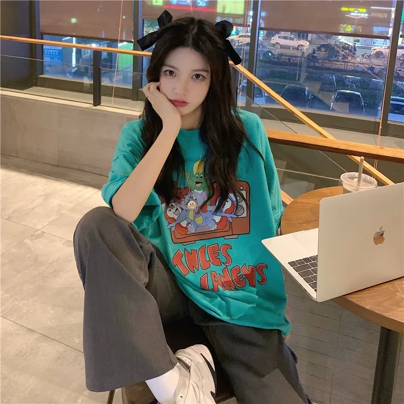 

Женские футболки, топы, японские кавайные Ulzzangcasual свободные футболки с мультяшным принтом и надписью, Женская Корейская одежда в стиле Харадзюку для женщин