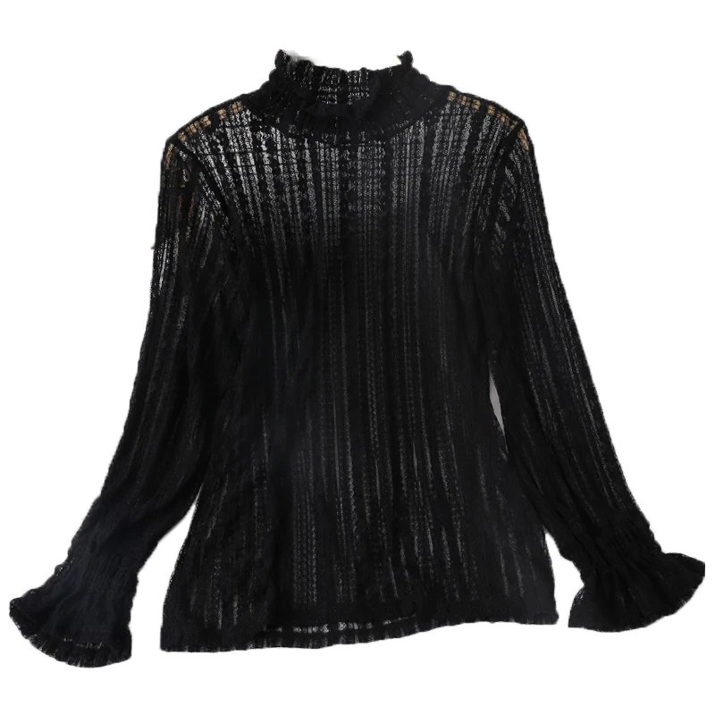 

and winter top lace long sleeve net bottomed shirt women's half high collar with hollow collar fashion small shirt