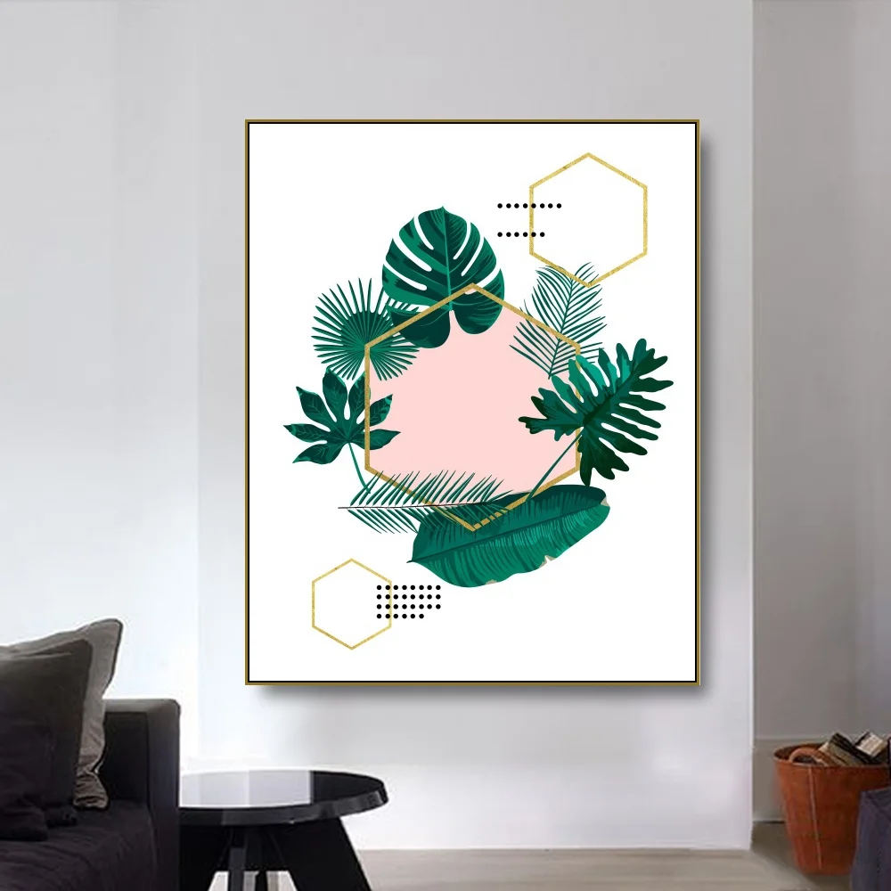 Настенная Картина на холсте с зелеными листьями и геометрическими фигурами