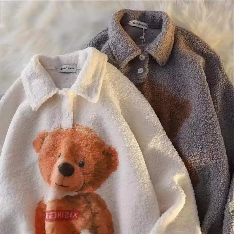 

Vintage Bear Printed Sweatshirt Faux Lambswool Women's Winter POLO Shirt Teens Kawaii Clothing Aesthetic Korean Fashion Y2K Tops