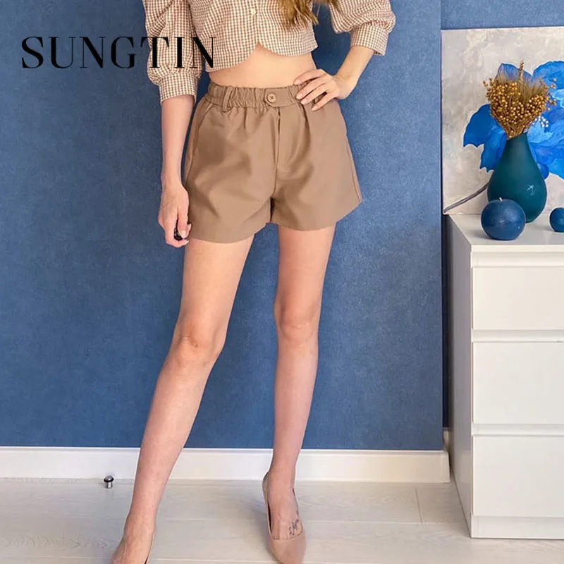 

FAKUNTN Sungtin Elegant High Waist Shorts Women 2021 Fashion Wide Leg Casual Basic Elastic Waist Short Pants Korea Ladies