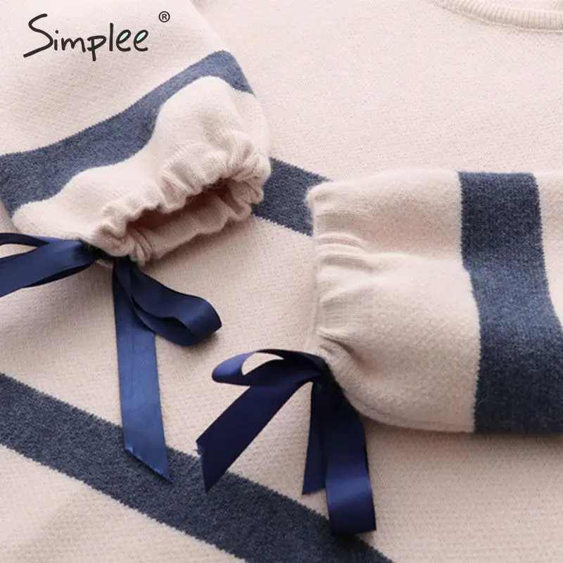 Simplee Leisure striped o-neck women pullover sweater Autumn winter bow tie sleeve female Long ladies jumper 2019 | Женская одежда