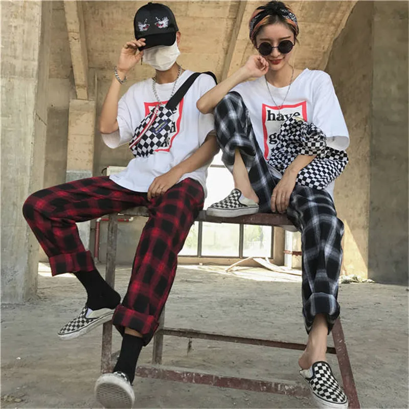 Модные японские брюки летние женские в стиле Харадзюку клетчатые султанки Mori Girl