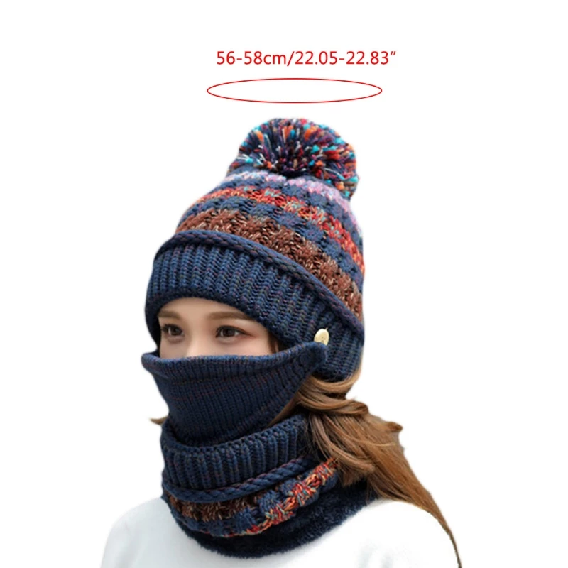 

Женские зимние 3 шт. вязаная шапка с помпоном круг шарф Набор масок для лица Разноцветные полосатые детских вязаных лыжных тюбетейку с плюше...