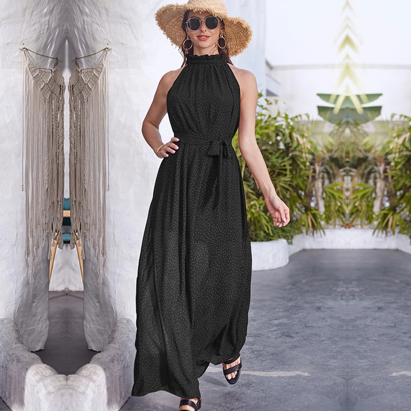 

2021 New Spring Summer Women's Bohemian Long Halter Dot Print Dress Ladies Half Turtleneck Sleeveless Elegant Holiday Dress