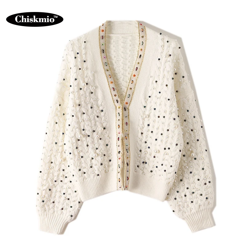 

Kintted Manual Beading Cardigan Ladies Clothes V-Neck Long-Sleeve Sweater Women Loose Street Tops Female Buttons Sweaters Coat