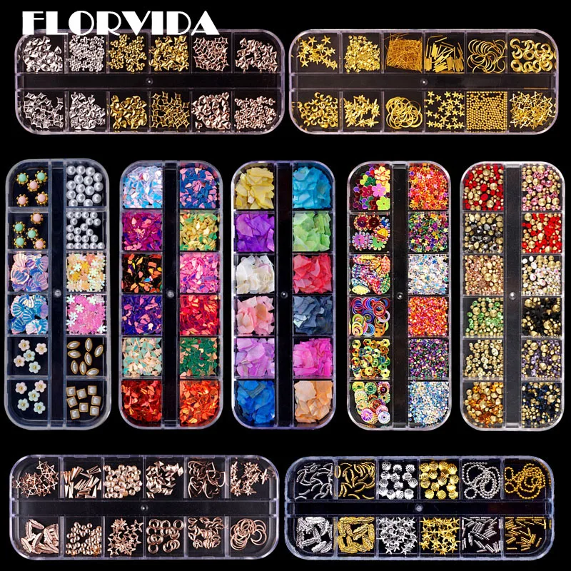 Набор для маникюра FlorVida 12 цветов в коробке стразы искусственный сплав 3D
