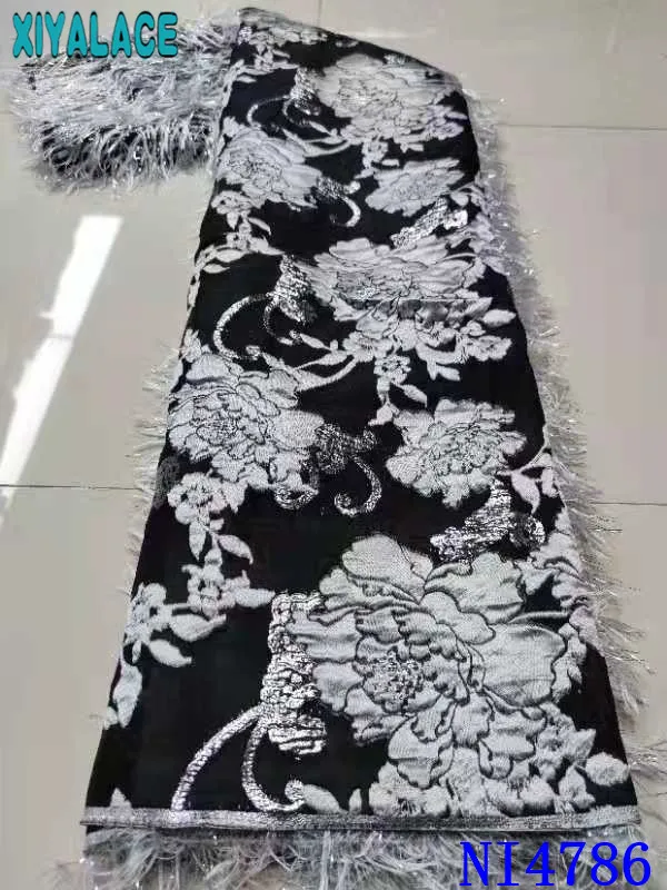 

2021 Jacquard Fabric Brocade Lace African Tulle Net Lace Fabric Brocade Fabric with Feather for Wedding Dresses KSNI4786